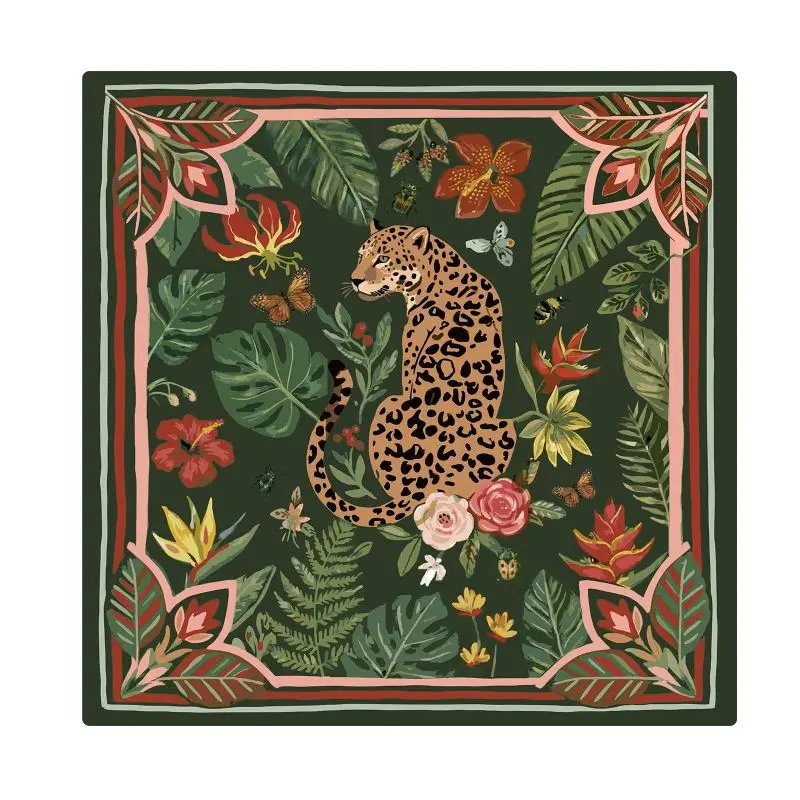 VIKAMA Tropical Floral Leopard Print Mahjong Mat Non Slip Game Table Pad Green Jungle Style Silent Gaming Desk Mat