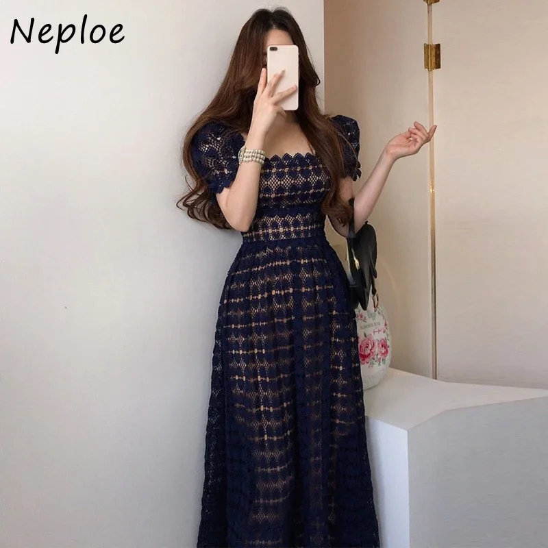 Neploe French Sexy Temperament Dress Femme 2024 Summer Vintage Elegant Puff Sleeve Long Solid Color Dress Chic Lace Vestidos