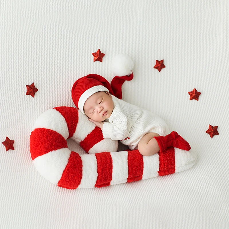 Baby gebreide romper + kerstmuts, pasgeboren kerst fotografie outfit, gigantische snoepgoed kussen lolly decor voor baby fotoshoots