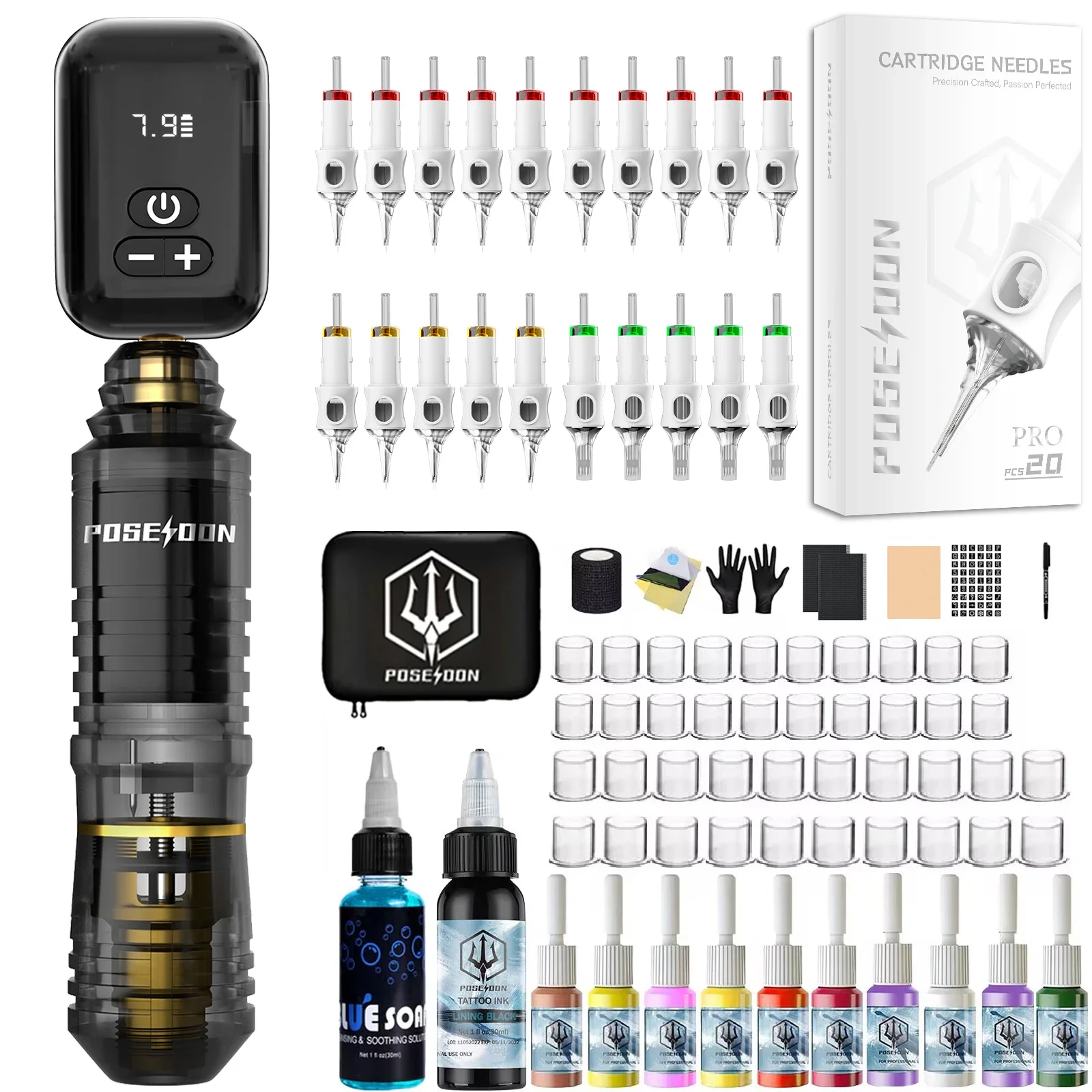 POSEIDON Tattoo Kit 20 V6 Tattoo Nadeln Tattoo Stift Kit Für Permanent Make-Up Tattoo Maschine Kit Schwarz Wireless Tattoo Gun Kit