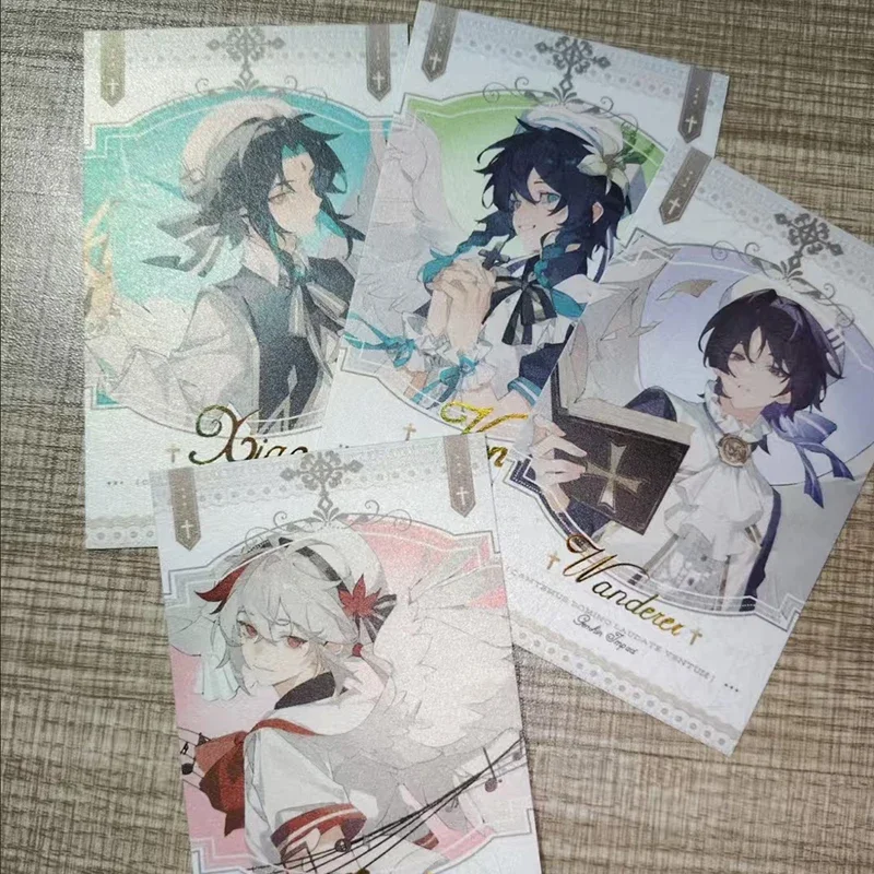 4Pcs/Set Anime Laser Card Wanderer Balladeer Xiao Barbatos Kaedehara Kazuha Cosplay Rounded Corners LOMO Card Postcard Kids Gift