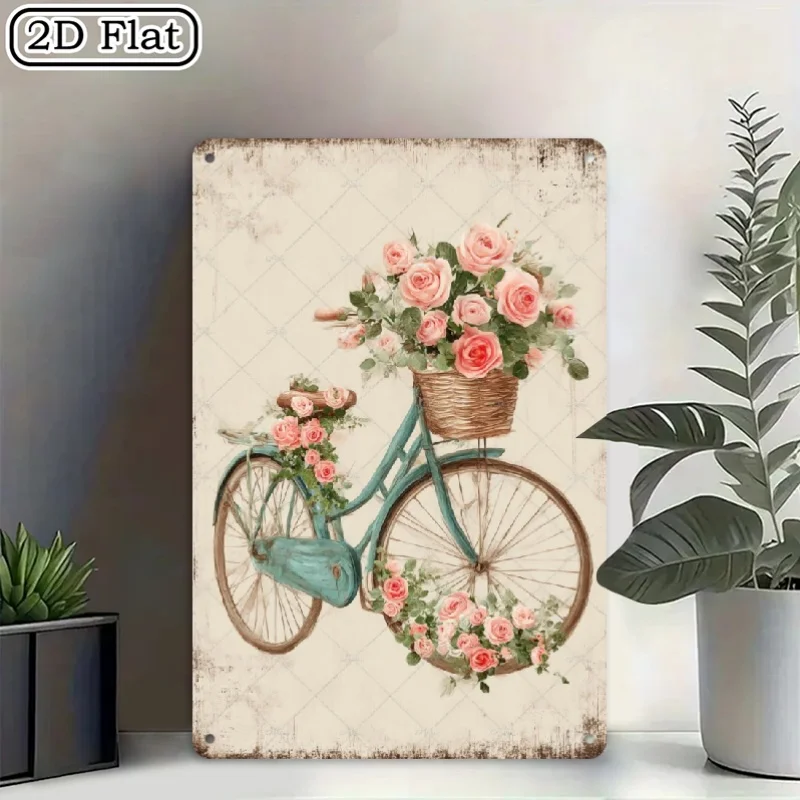 2D Flaches Vintage-Blumenrosen-Fahrrad-Metallschild |   20x30 cm Retro Frühlingsblumen Garten Wanddekoration