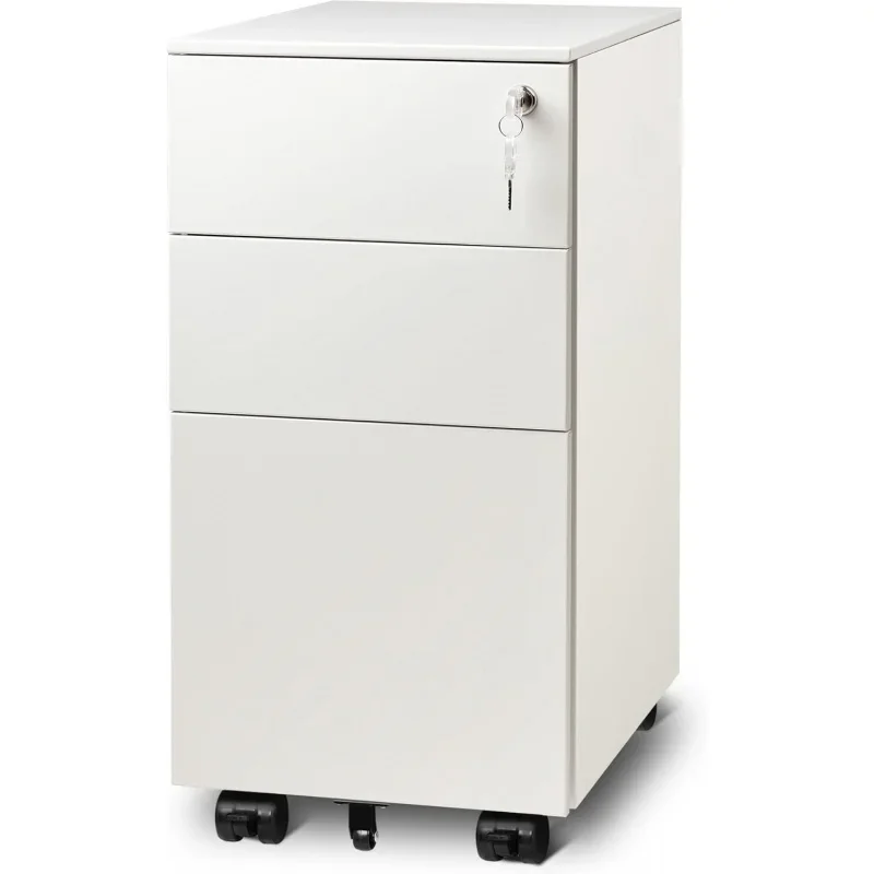 White File Cabinet, Small Filing Cabinet with 3 Drawers with Slim Width Home Office, Rolling Under Desk Cabinet (11.8 inch)