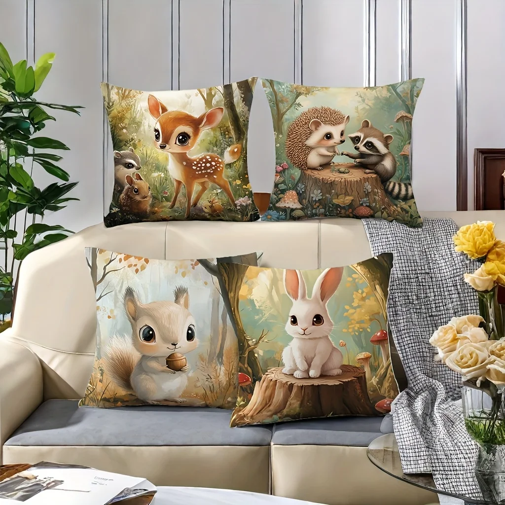 Cute Woodland Animals Throw Pillow Cover Nursery Decor Forest Creature Print Squirrel Deer Rabbit Hedgehog Bohemian Pillow Case
