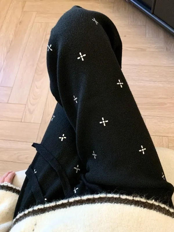

plus Size Casual Pants Women Winter Faion Anti-Aging Heavy Du Rhinestone Wide Leg Pants High Waist Straight Cut Trousers
