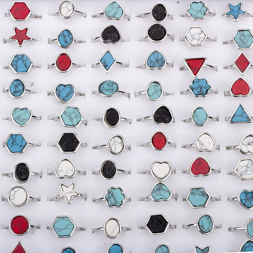 50 Pcs/Lot Retro Stone Rings Men Vintage Alloy Couple Turquoise Jewelry Rings Women Wedding Wholesale Gifts