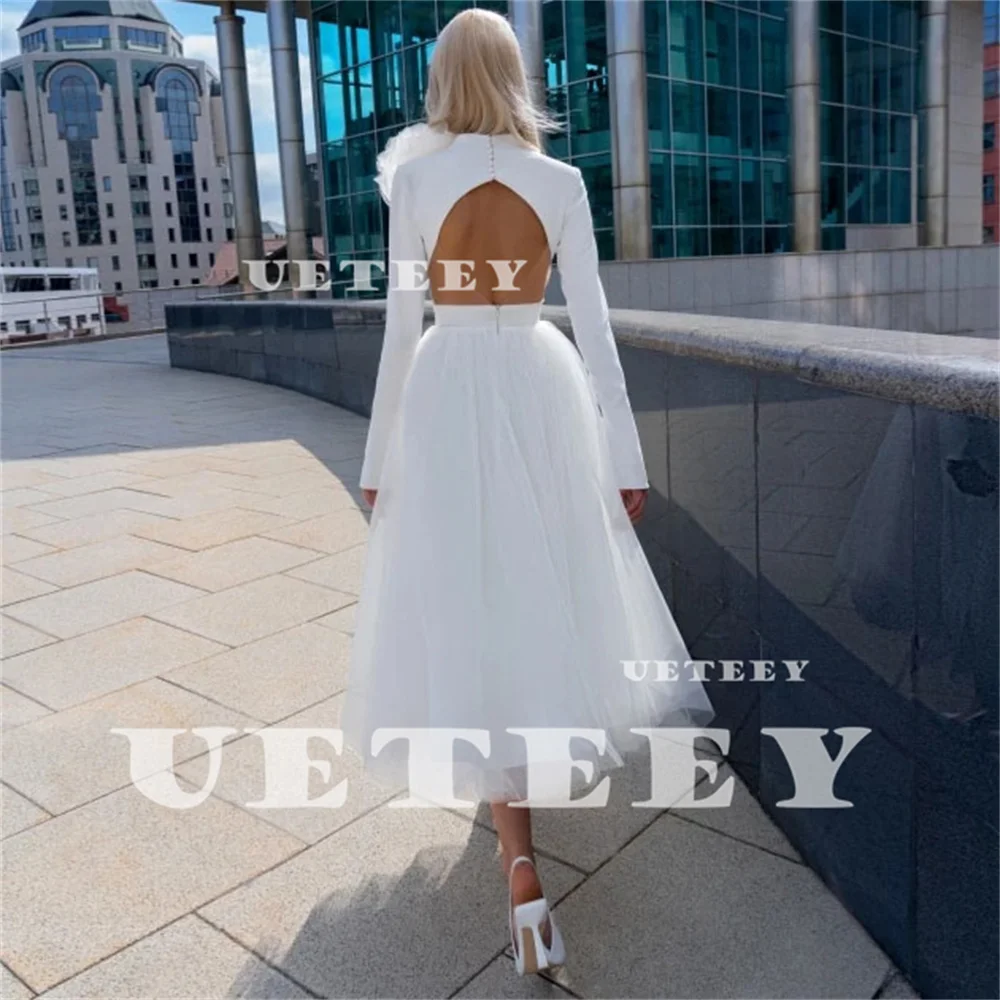 UETEEY Customized High Neck Long Sleeves Flower Crepe A Line Wedding Dress Women Simple Button Cut Out Back Mid-Calf Bridal Gown