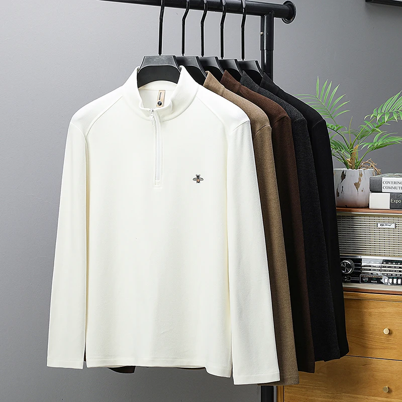 Luxury Brand Man Long-SleevedT-Shirt Double-Faced Fleece Zipper Mock Neck Little Bee Embroidery Winter New Pullover Leisure Tops