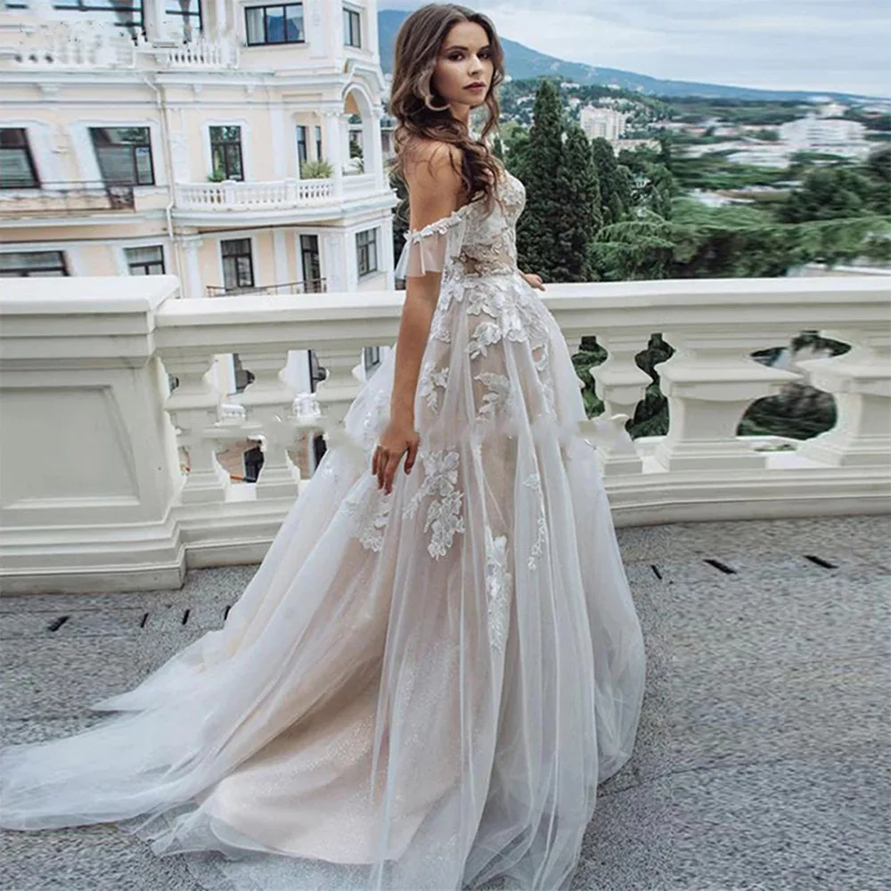 Vestido de noiva de tule sem ombro para mulheres, vestido princesa linha A, aplique sem mangas, vestido de noiva formal, elegante e personalizado