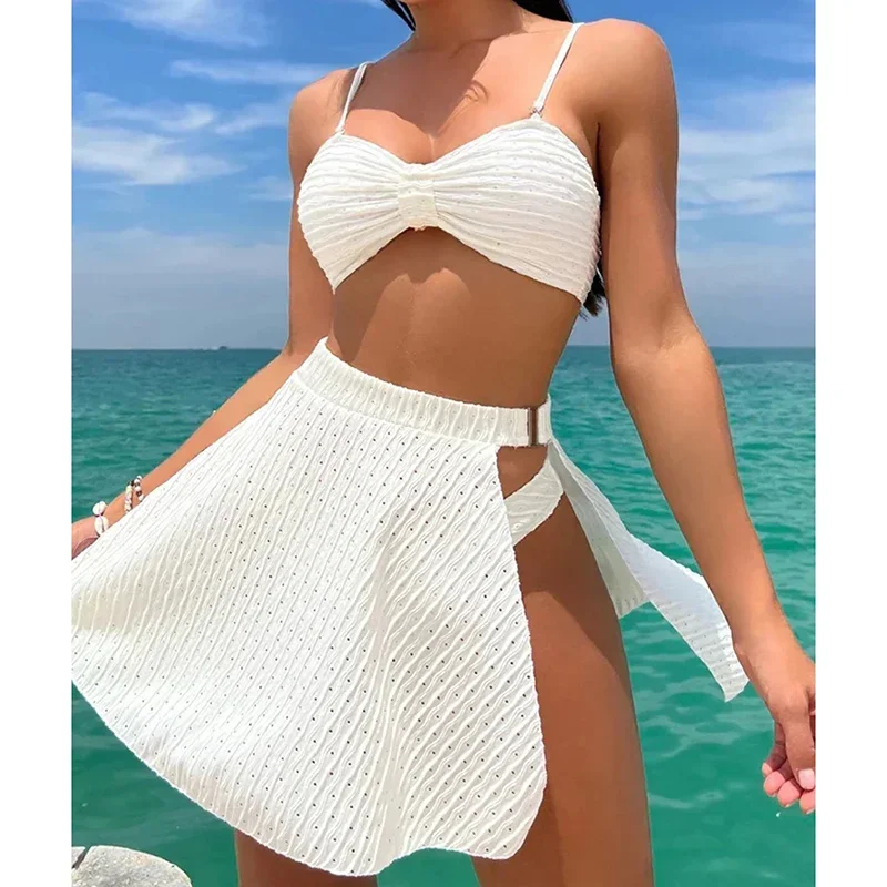 2024 Bathing Suit Women Wrinkled Solid Bikini Suit Summer Strapless Swimwear Beachwear Sexy Three-pieces Swimsuit Bathing Suit