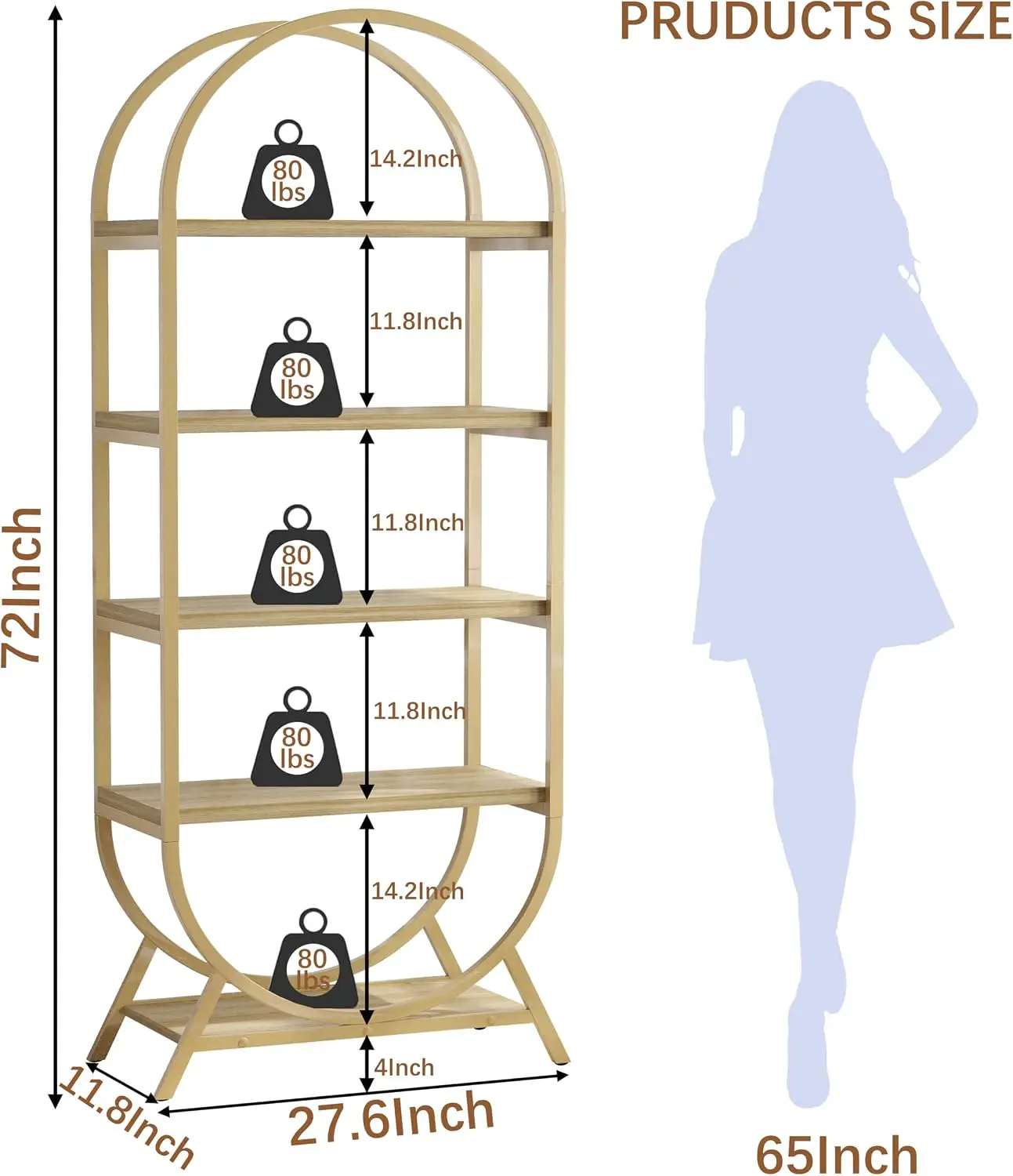 Arched 5 Tier Freestanding Bookshelf Industrial Metal Frame Nature Wood Gold 72 Inch Tall Open Display Rack Home Office Living R