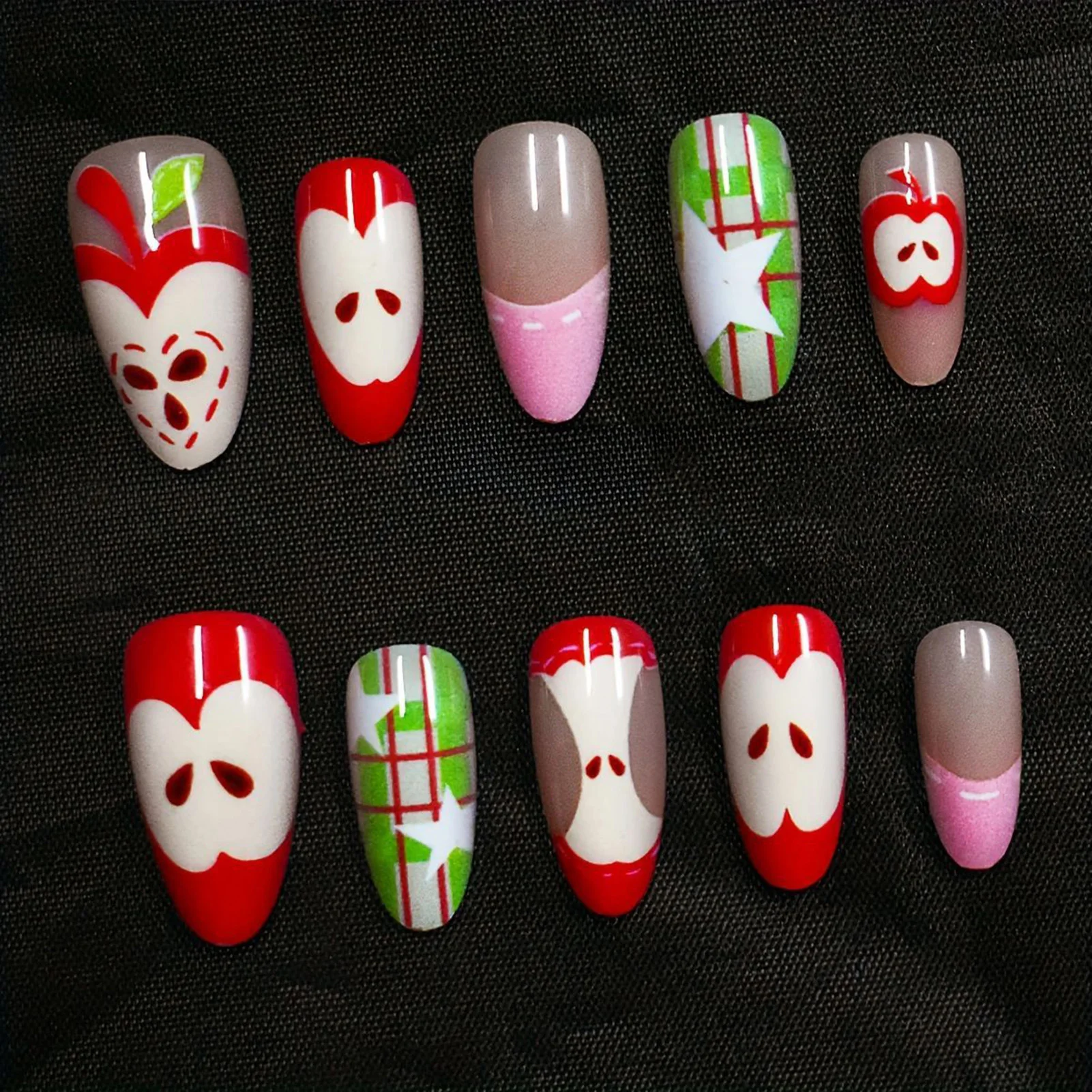 

10pcs Cartoon Apples Pattern Press On Nails Handmade Short Almond French Style False Nails With White Star Designs Y2k Fake Nail