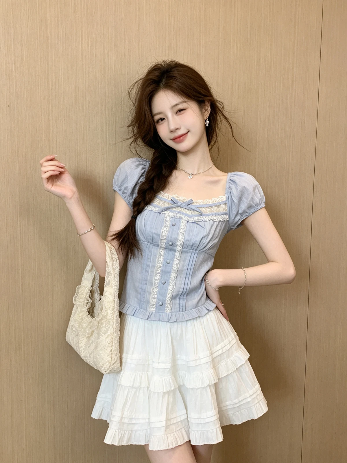 

Ballet Style Lace Knot Square Collar Short Shirt Women Summer Art Student Cute Outfit Breathable Cotton Bubble Sleeve