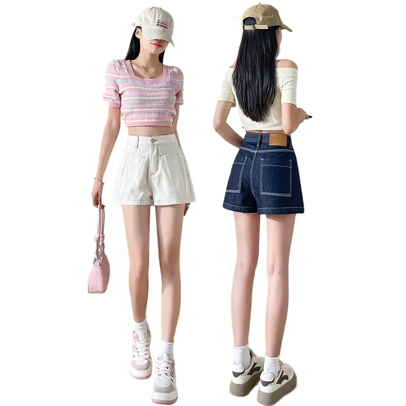 

Стираные джинсовые синие прямые джинсовые шорты трапециевидной формы, женские новые летние узкие дизайнерские джинсы с высокой талией, повседневные свободные широкие брюки