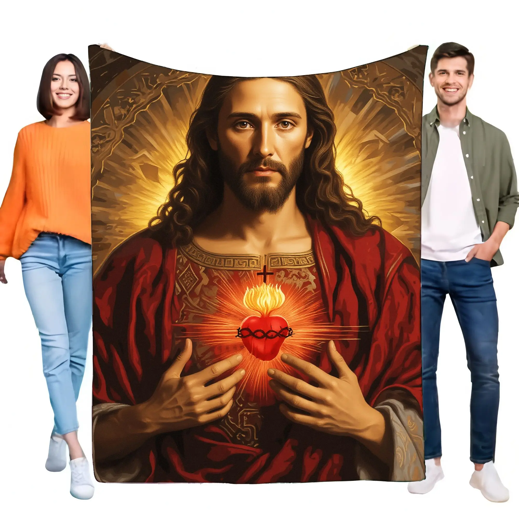 بطانية أيقونية دينية مع تصميم متقاطع وقلب ملون، رمي ناعم لديكور المنزل، تتميز بشكل طويل الشعر في إعادة الإصدار #1