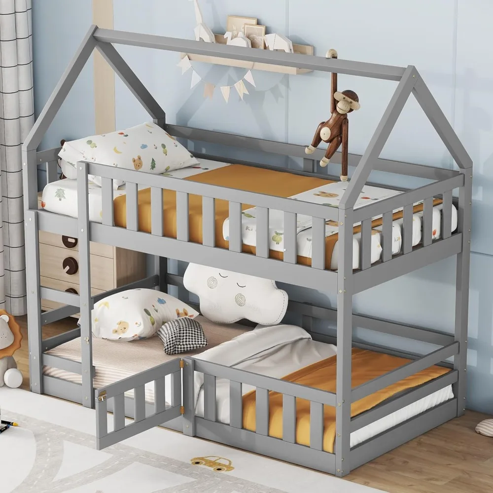 

Children's Twin Size Wood Bunk Bed with Ladder, Door, Safety Rails, and Quiet Design