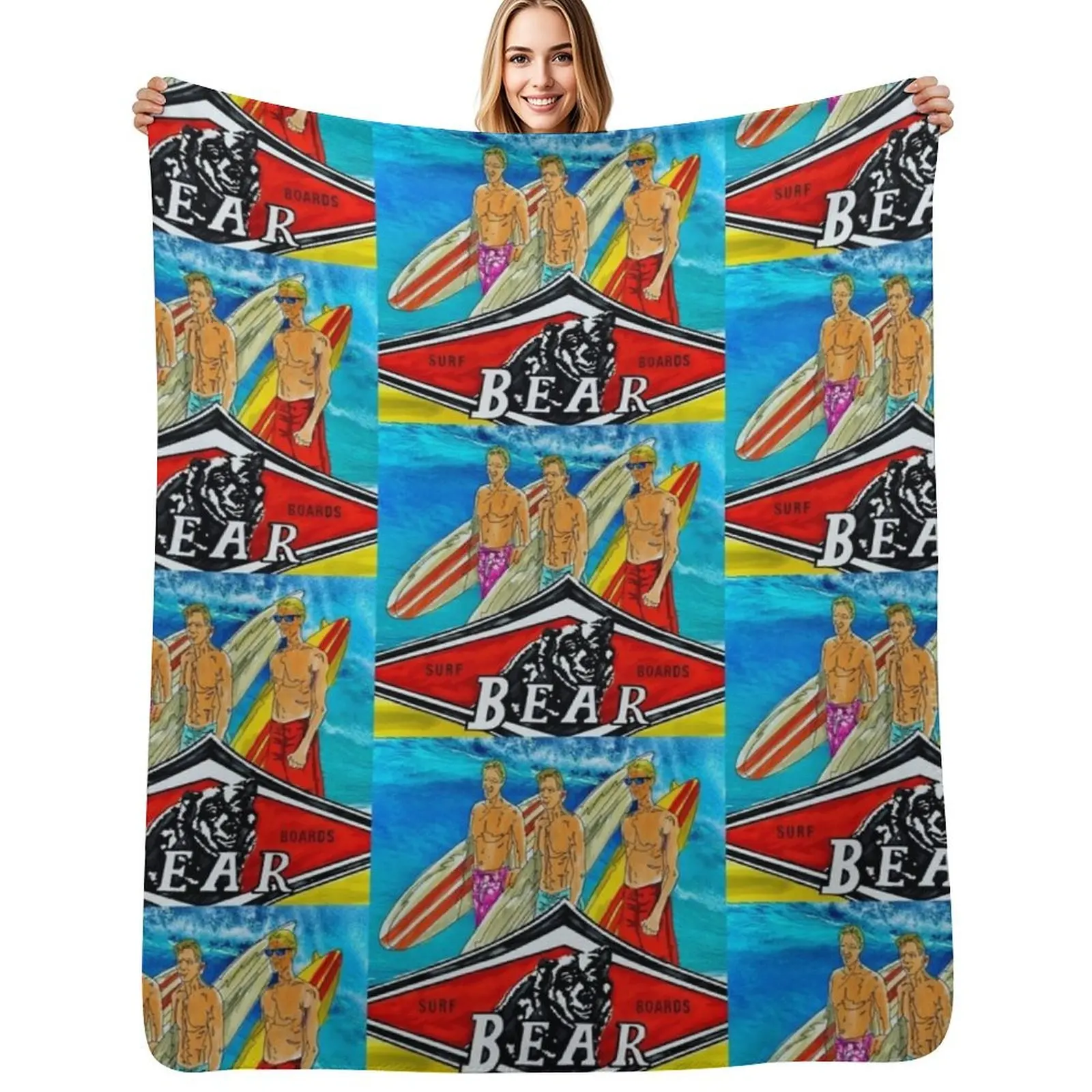 The Big Wave Wednesday Bear Longboard Surfers. Throw Blanket Spring Fall Cozy Throw Blanket for Couch