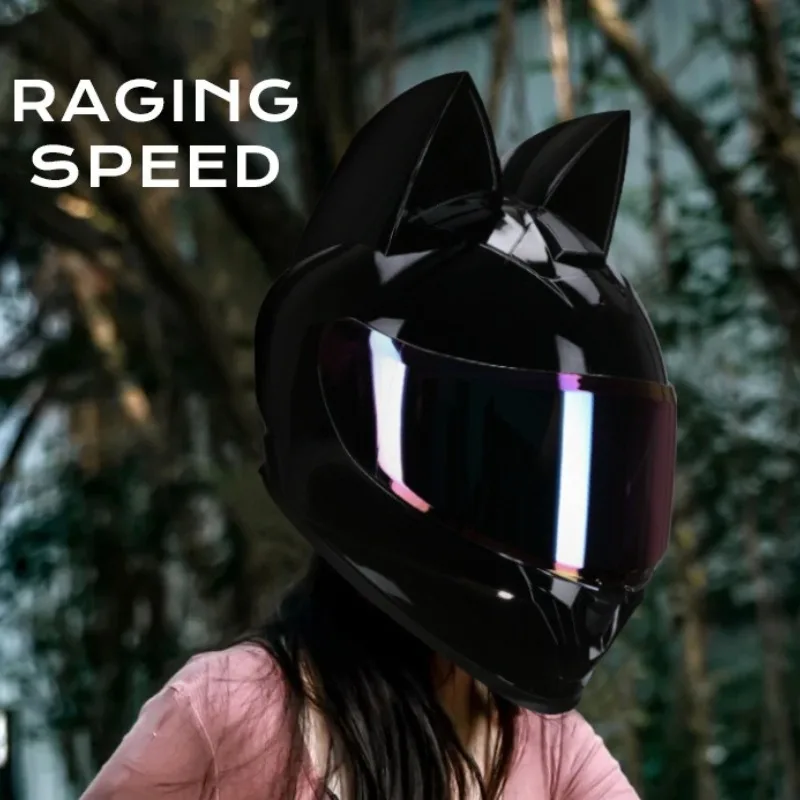 Casco de Motocicleta Integral para Hombre, Casco de Seguridad para Motocross, Casco con Orejas de Gato Blanco y Rosa para Mujer, Casco de Motocicleta con Certificación DOT