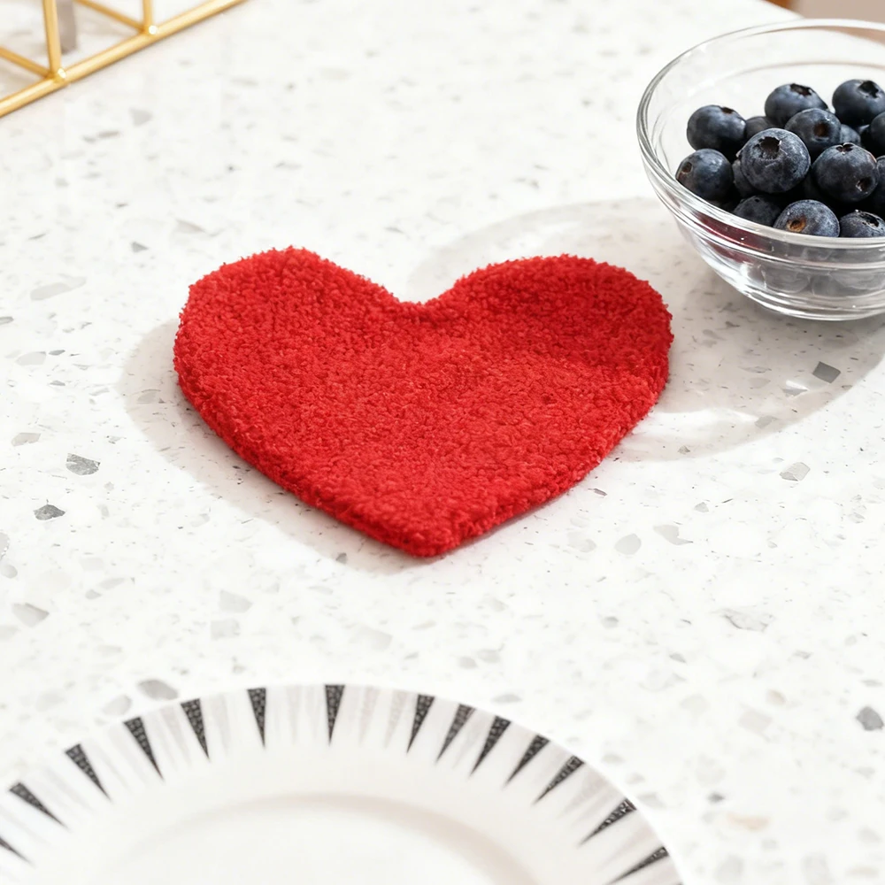 BUYNOW 1pc 2pcs/set Solid Color Teddy Plush Heart-Shaped Coaster Minimalist Korean-style INS Dining Table 19x16cm Placemat Decor view 5