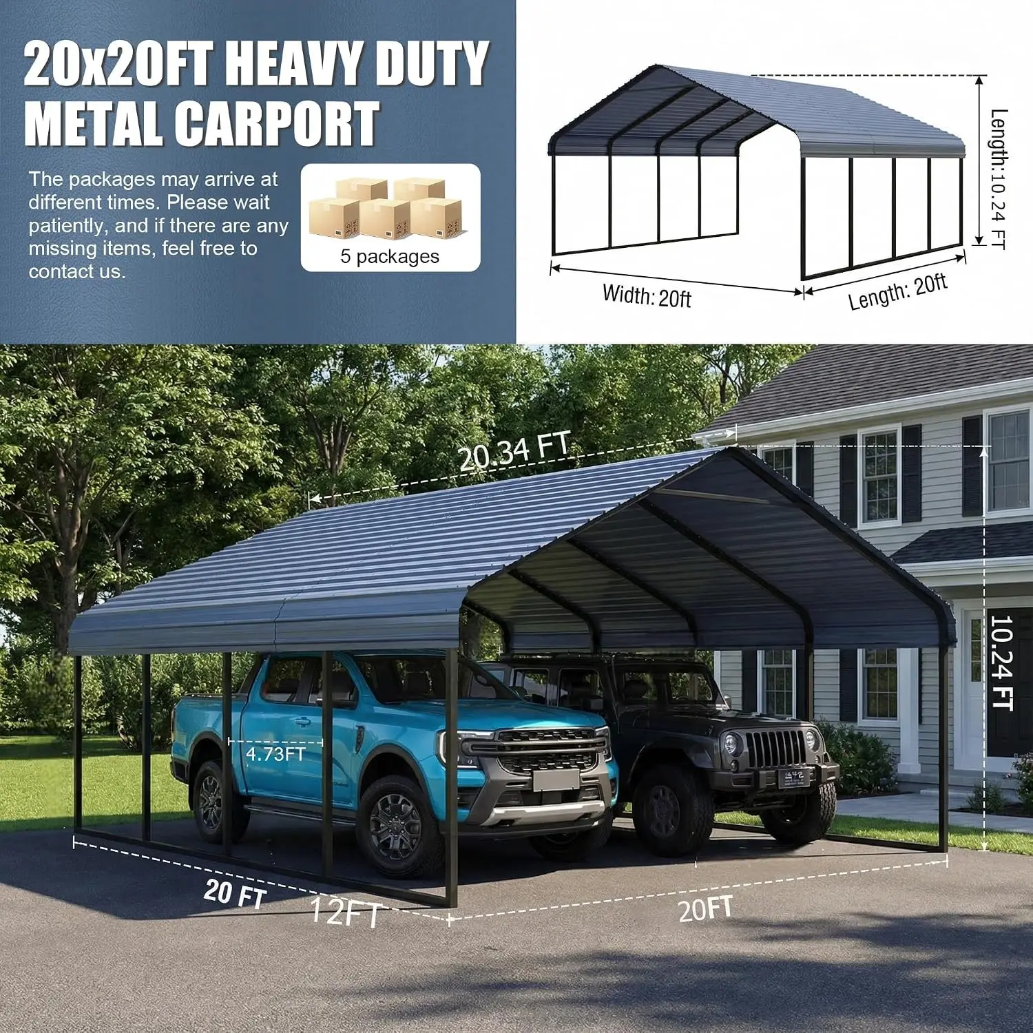 Gray 20x20 ft Heavy Duty Metal Carport Kit, Customized
