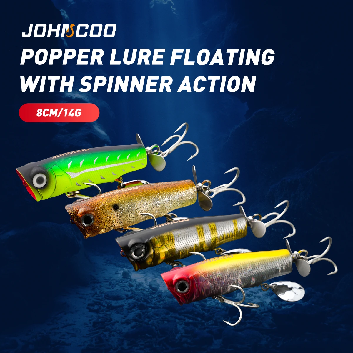 Johncoo 8cm  14g Popper fishing lure Floating Lure Topwater lure Wobblers bait Bass bait with Propeller