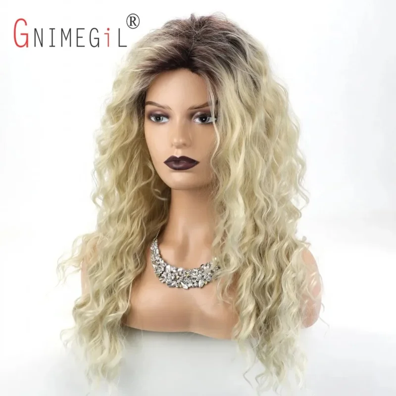 Gnimegil cabelo sintético longo encaracolado perucas para mulheres ombre loira raízes escuras peruca parte livre peruca ondulada para menina sexy peruca uy38