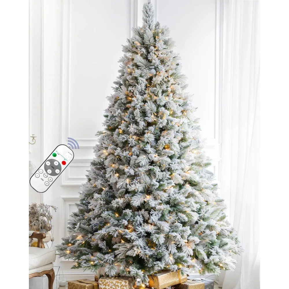 7.5FT Pre-lit Snow Flocked Christmas Tree Spruce with Remote Control, 600 Warm White Multi-Color Lights