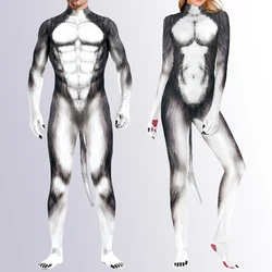 Zawaland Animal wolf 3D Print Petsuit with Tail Cosplay Costume Crotch Zip Jumpsuit Funny Halloween Carnival Disguise Bodysuit