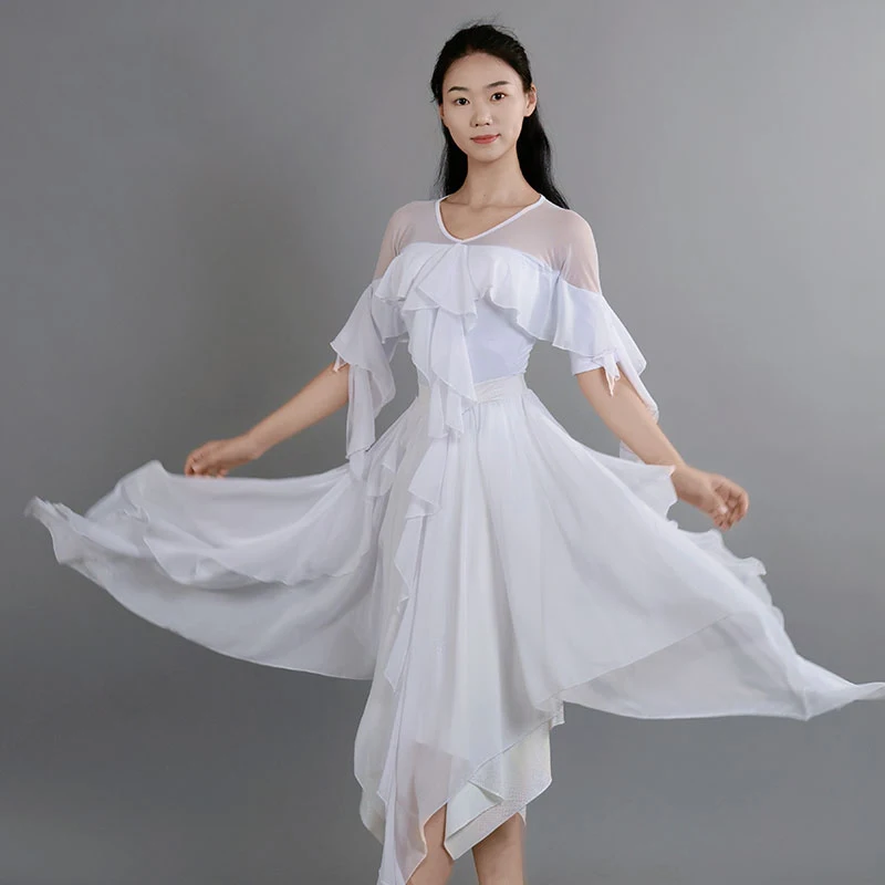 Vêtements de danse de salon irréguliers blancs pour femmes, hauts féeriques, jupe, robes de danse de valse, vêtements d'entraînement, Costume de spectacle DNV24483