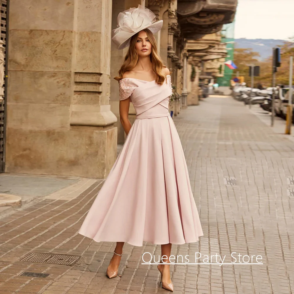 

Customized Mother of The Bride Dress New Arrvial Elegant V Neck Off Shoulder Pearls Beading Wedding Guest Gown Party Dresses