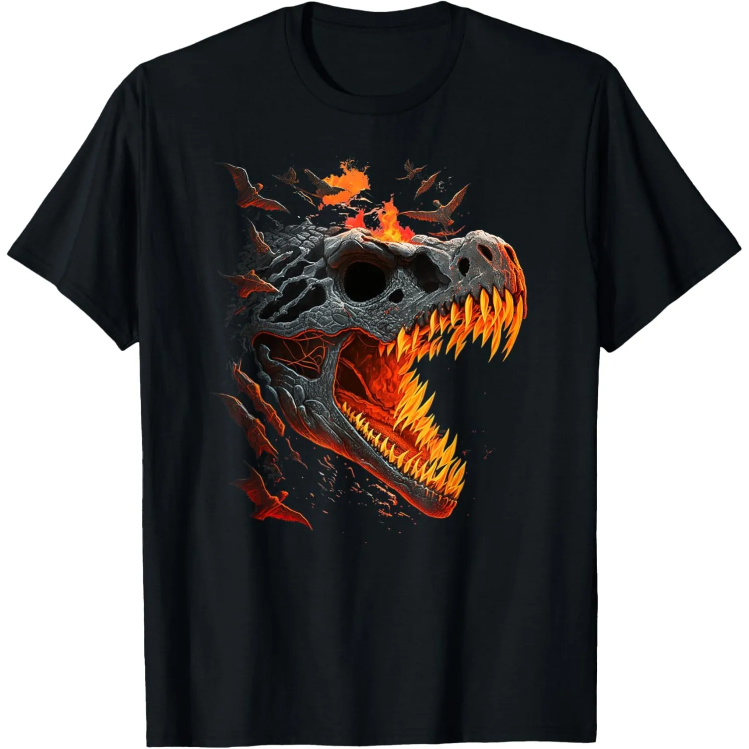 Flaming T Rex Skull Graphic Tee Men's Casual Breathable Cotton Print O-Neck T-Shirt