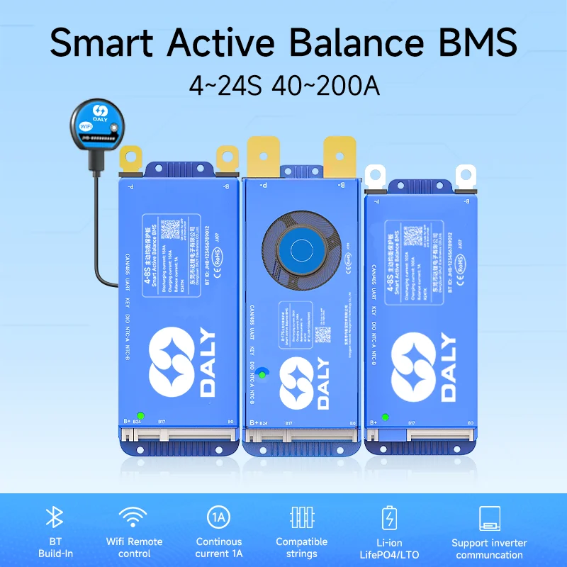Daly Smart 100 Balance 40A-200A 4S 8S 16S 20S BMS Lifepo4 Li-Ion Active Balance BMS BT UART jk 150A 200A 100A 60A 40A bms