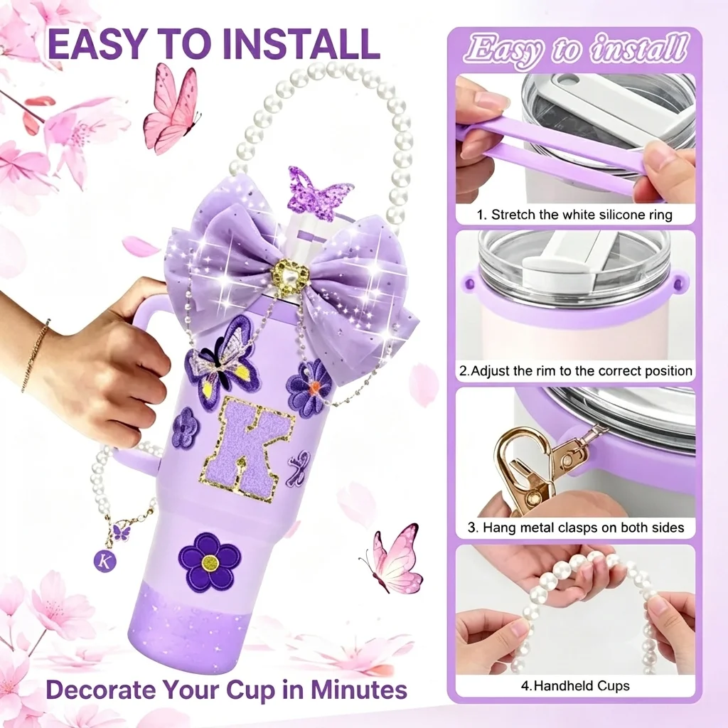 Bling Cup Accessories Set for 30oz 40oz Tumblers with Straw Cover Sticker Bow Straw Topper And Pearl Handle Strap - Glittery Tum