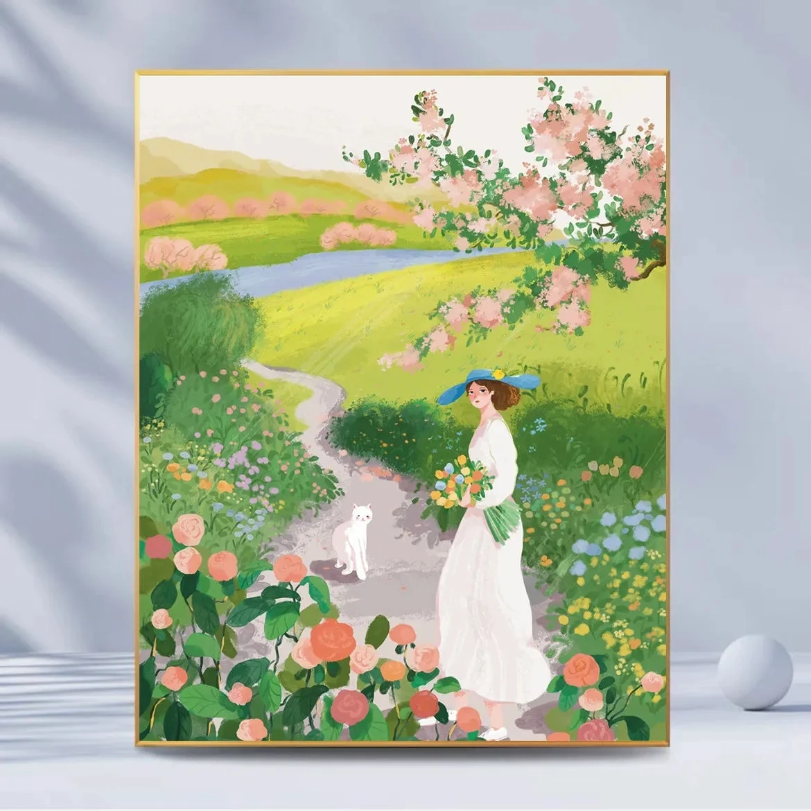 

Hand -filled color spring day girl cat oil color painting tulip cherry cure simple hanging digital oil painting