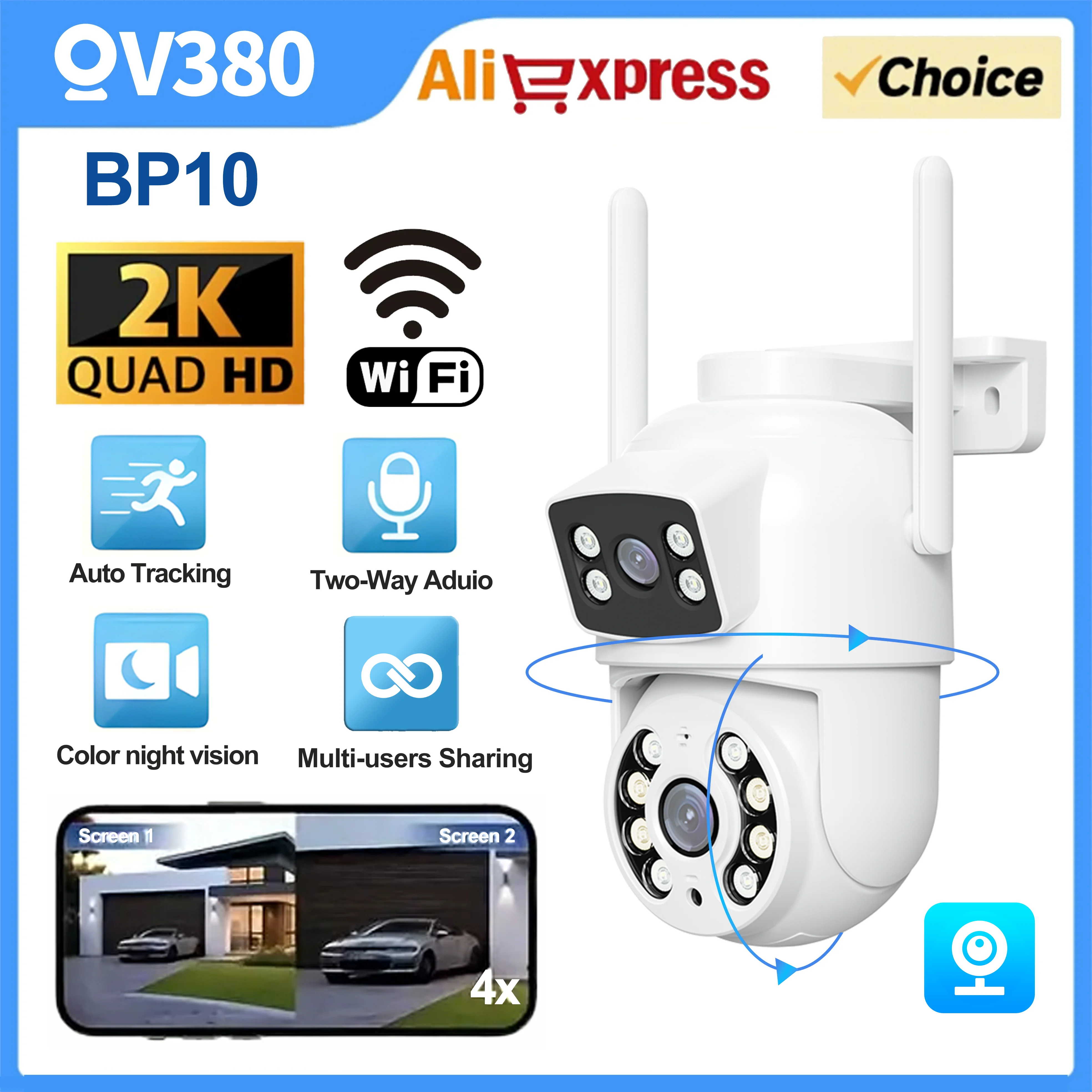 V380 2K wifi IP Camera PTZ Dual Lens Dual Screen Manual Detection Full Color Night Vision Outdoor Security Surveillance Camera