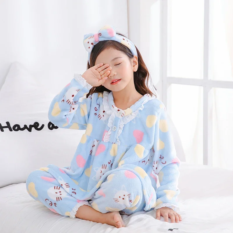 Girl Wear Autumn Winter Long Sleeve Warm Flannel Pajamas Set Cute Print Girl Sleepwear Set Send Hair Band Christmas Gift New