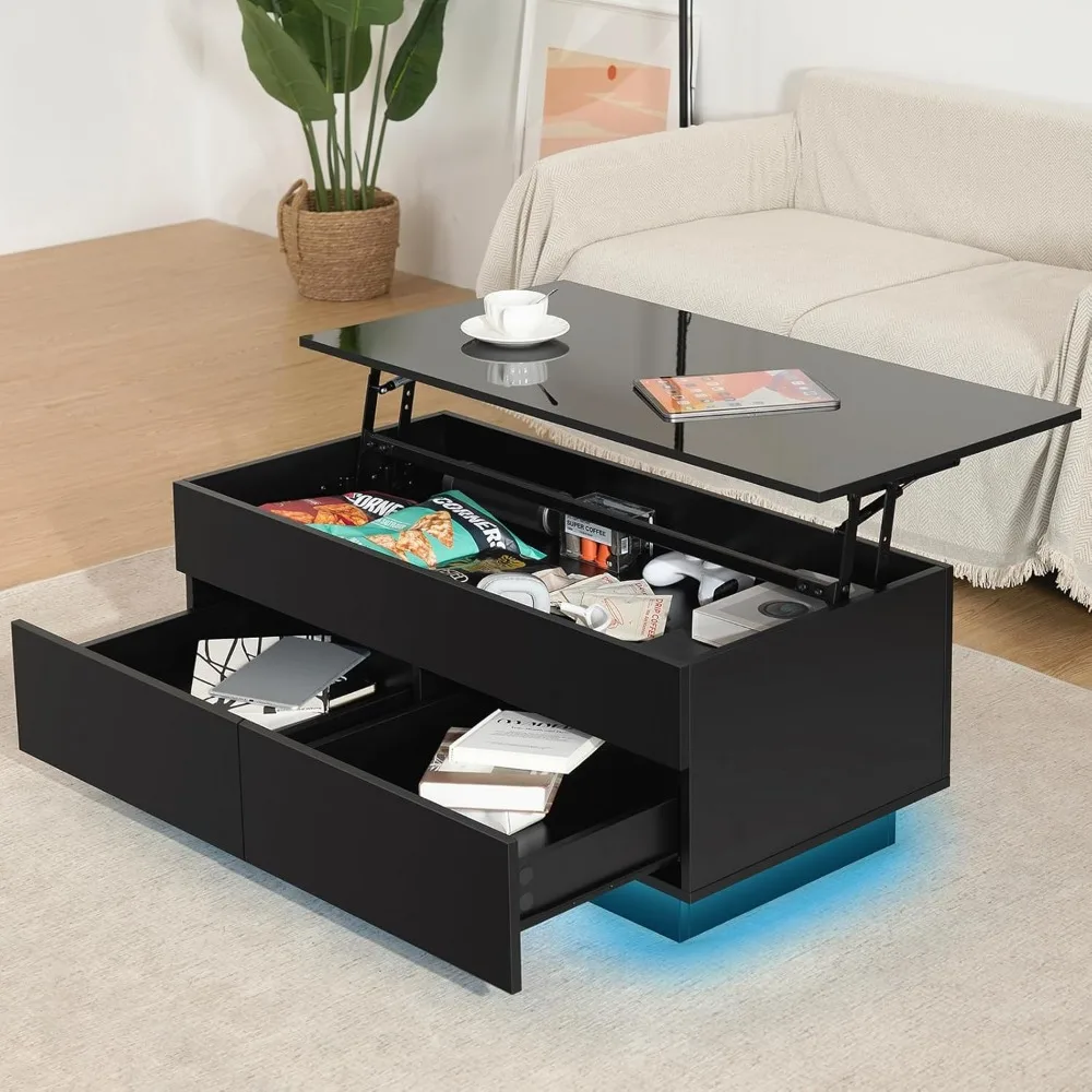 Mesa de centro elevable de 40 pulgadas para sala de estar, mesas de centro negras con almacenamiento, mesa de centro moderna LED rectangular negra G