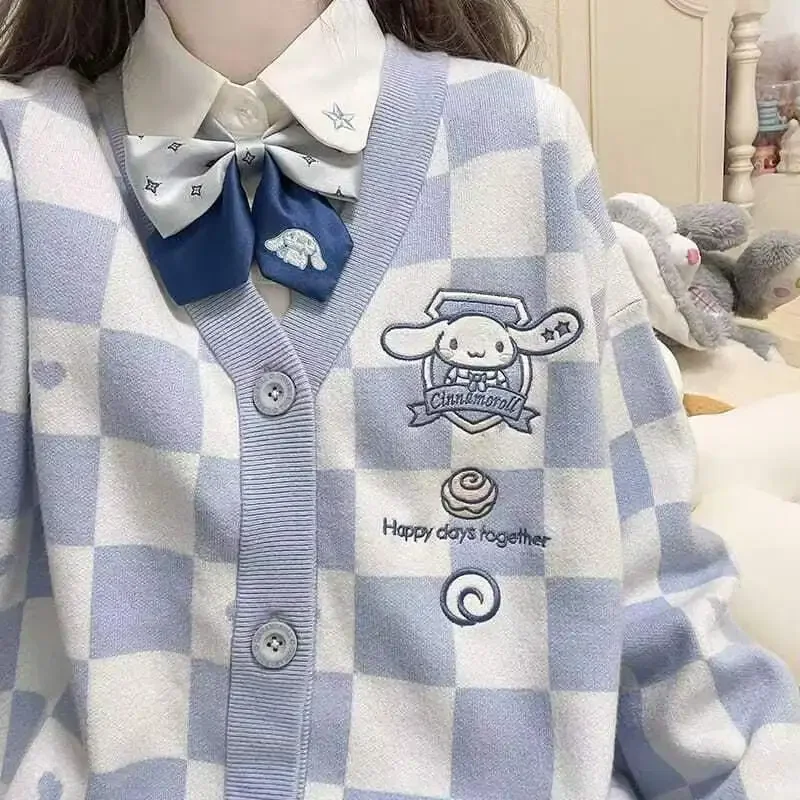 Sanrio Jade Dog Original Jk Knitted Sweater Jk Uniform Checkerboard Sweater Cute Cardigan Early Autumn Loose Top Wear Outside