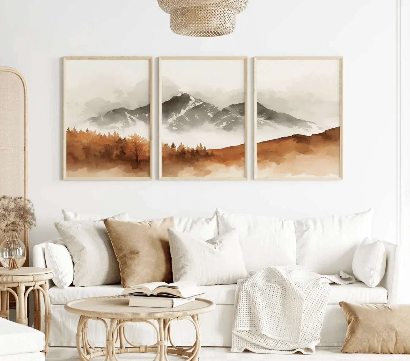 Watercolor Mountain 3 Panels Wall Art Canvas Prints, Misty Autumn Posters, Earth Tone Decor for Living Room Bedroom Decor