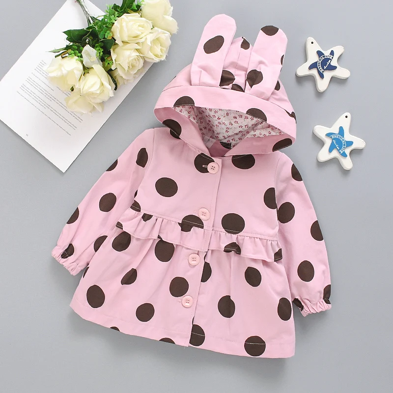 Spring and Autumn Girls\' Coat Baby Girl Full of Polka Cartoon Rabbit Ears Hooded Long Sleeve Windbreaker