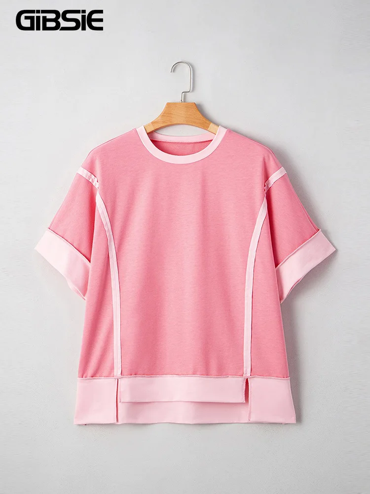 

GIBSIE Plus Size Fashion Contrast O-Neck Slit Hem T Shirt Women 2025 Summer Half Sleeve Loose Casual Matching Tee Top Female