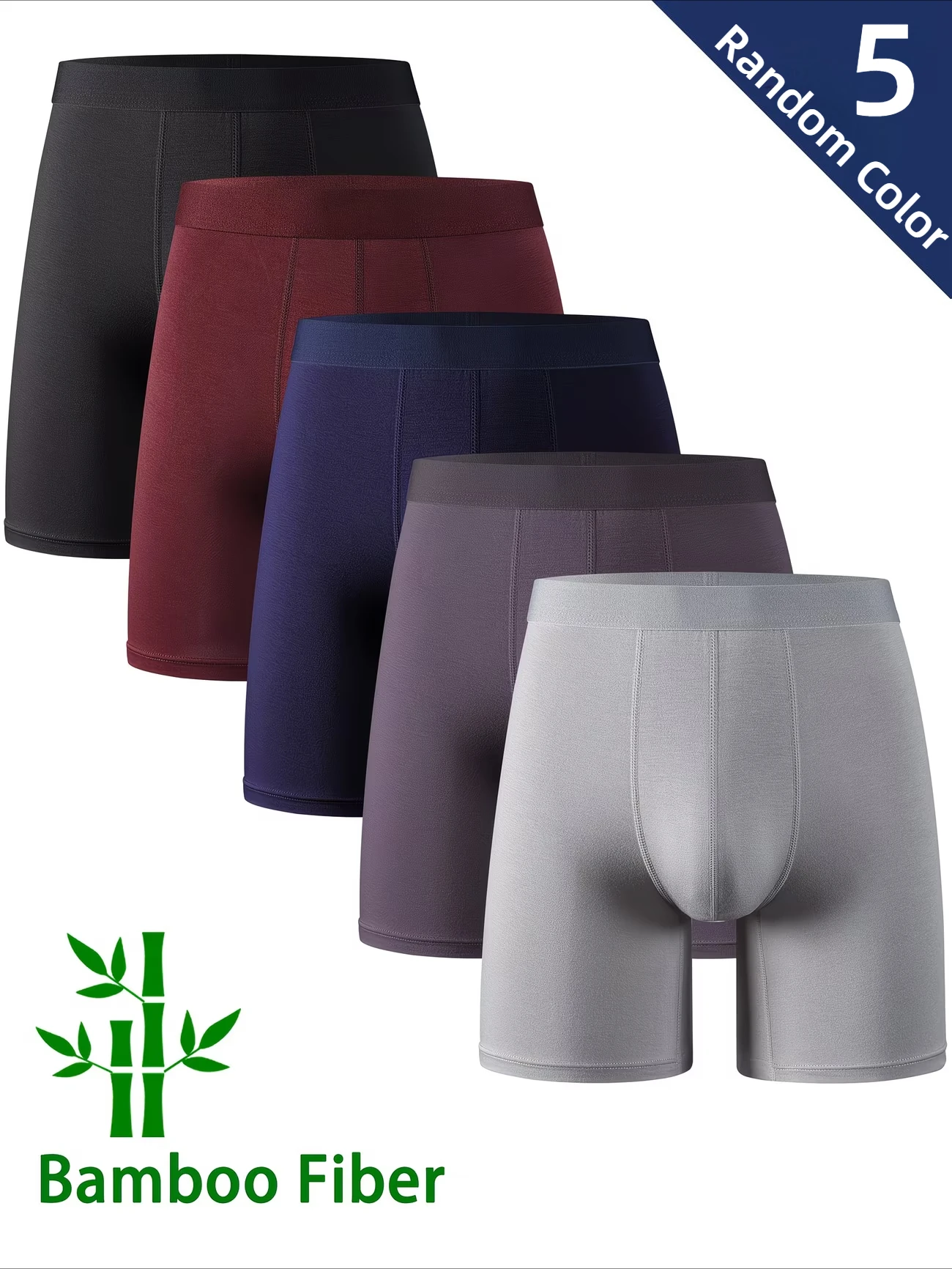 5pcs Random 95% Bamboo Fiber 5% Spandex Men's Length Long Leg Boxer Classic Design Comfortflex Waistband Underwear Man Sports