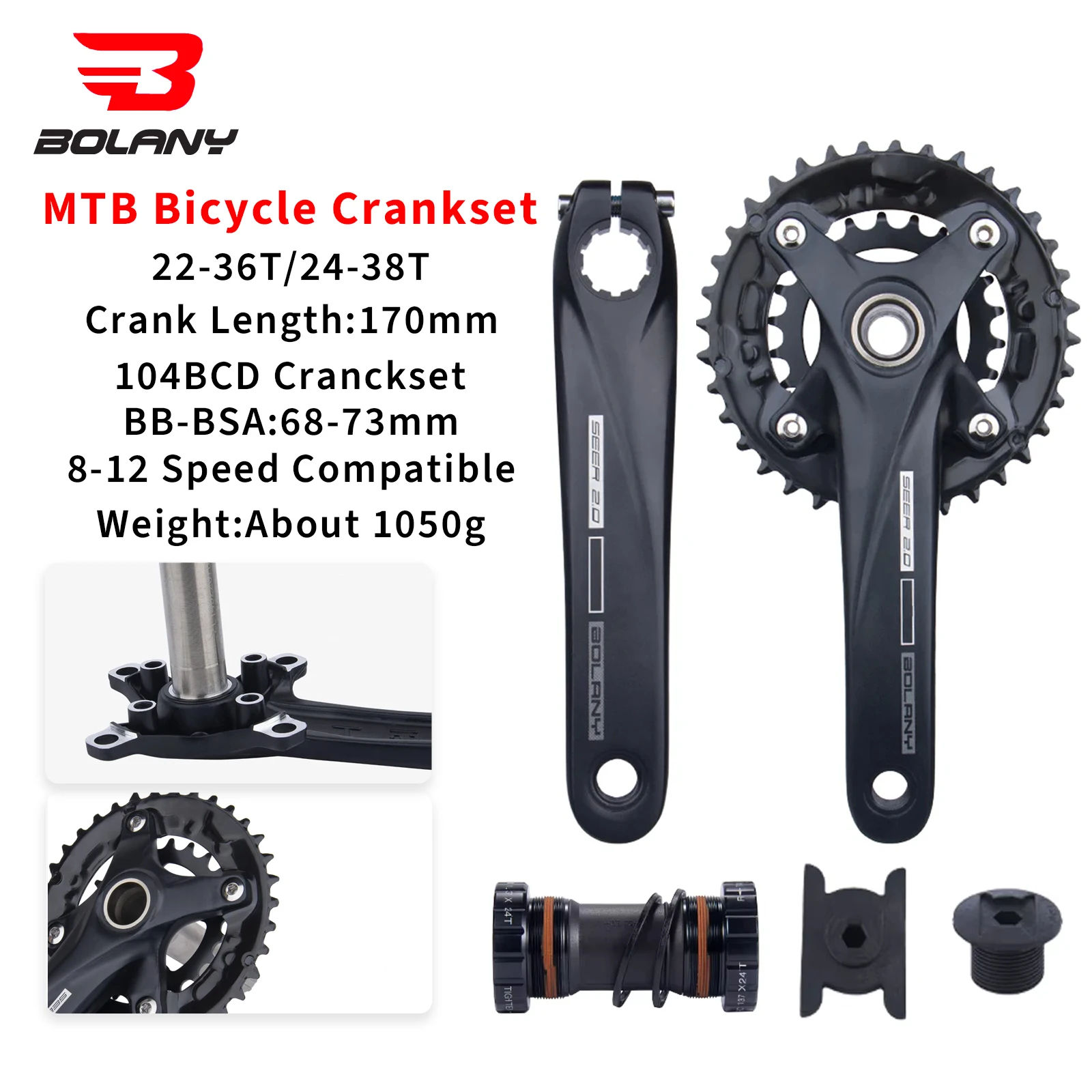 Bolany MTB Bicycle Crankset 104BCD Hollow Crank 170mm Integrated Crank Chainring 22-36T/24-38T With Bottom Round Hole Crankset