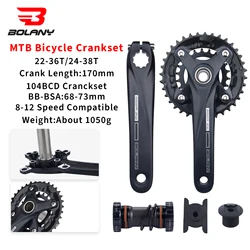 Bolany MTB Bicycle Crankset 104BCD Hollow Crank 170mm Integrated Crank  Chainring 22-36T/24-38T With Bottom Round Hole Crankset