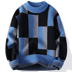 Autumn Winter Men's Mock Neck Knit Sweater Fashion Plaid Knitted Pullovers Men Youthful Vitality Casual Loose Warm Y2K Sweaters