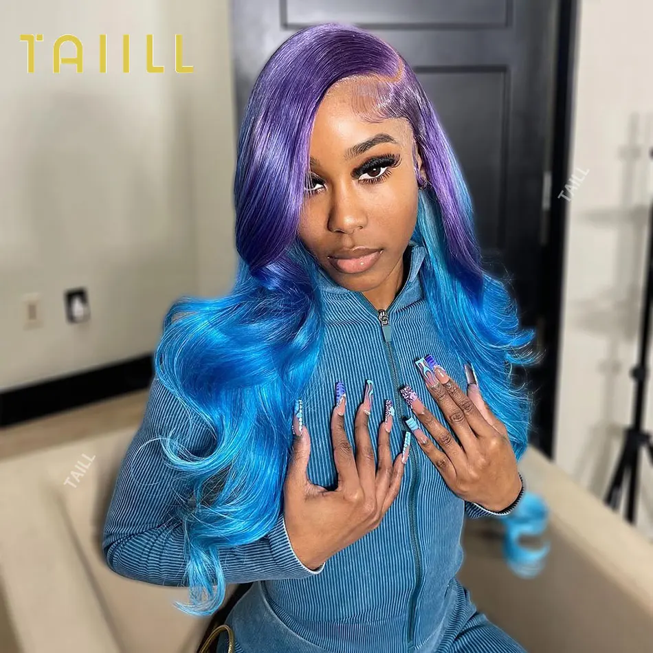 

Purple Blue Ombre Colored Human Hair Wig Straight Pre Plucked 13x6 13X4 Lace Front Human Hair Wigs 5X5 Lace Closure Frontal