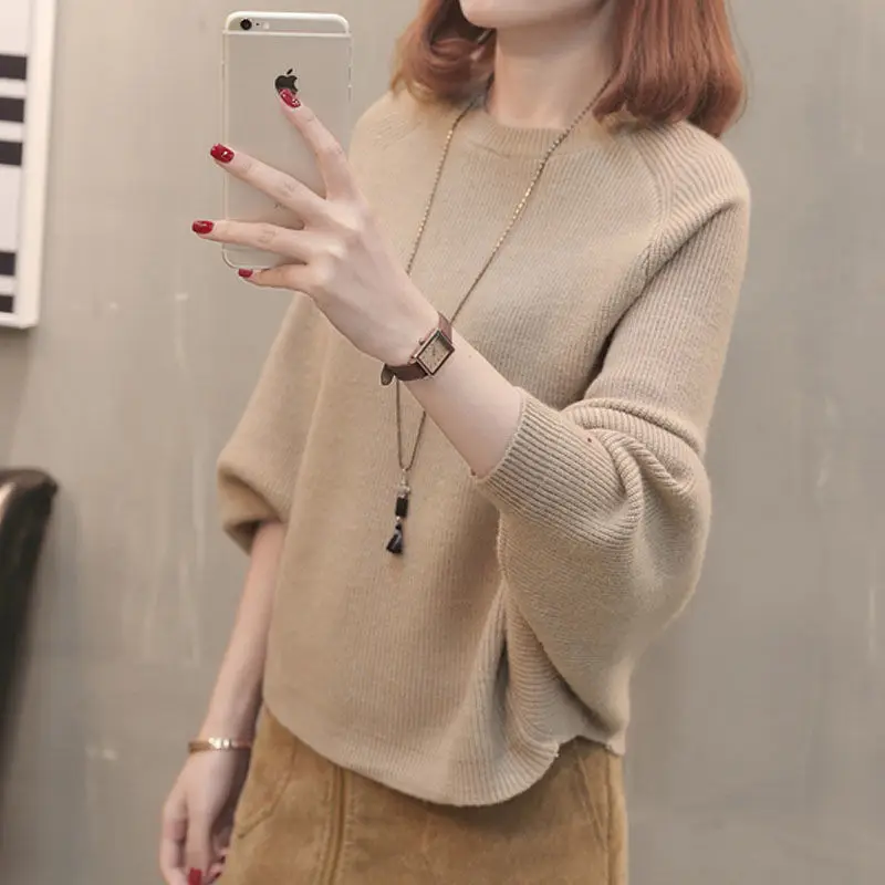 2023 Women Trendy Simple Casual Streetwear Knitted Sweaters Autumn Solid Long Sleeve Loose Pullover Tops Round Neck Chic Jumpers