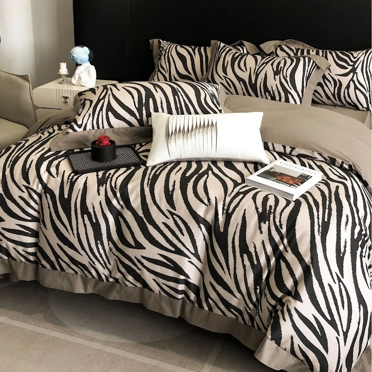 Light Luxury Retro Zebra Pattern Brushed Bed 4pcs Set100S Long-staple Cotton Satin Duvet Cover Flat/Fitted Bed Sheet Pillowcases
