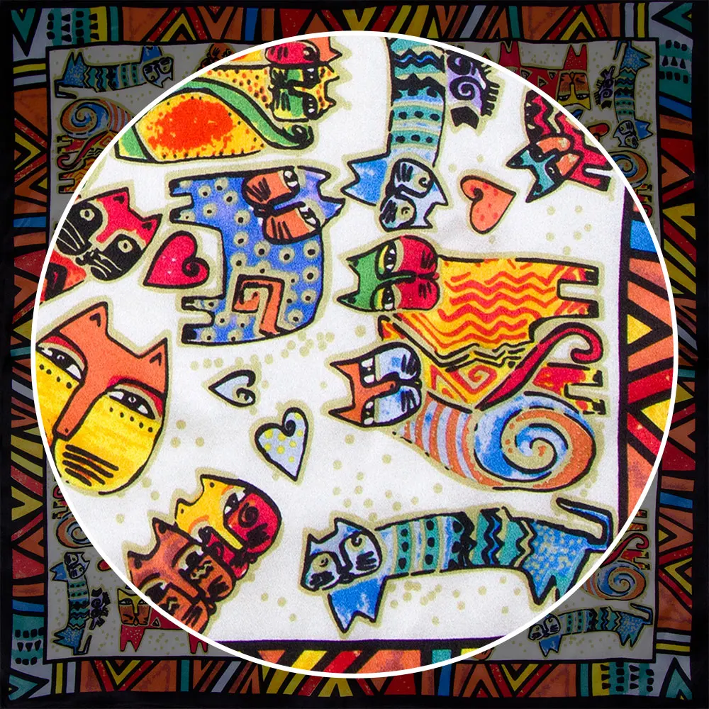 Pañuelo de seda 100% auténtica de 65cm con estampado de gato de lujo para mujer y niño, pañuelo cuadrado personalizado para el cuello, pañuelo para la cabeza, regalos para hombre