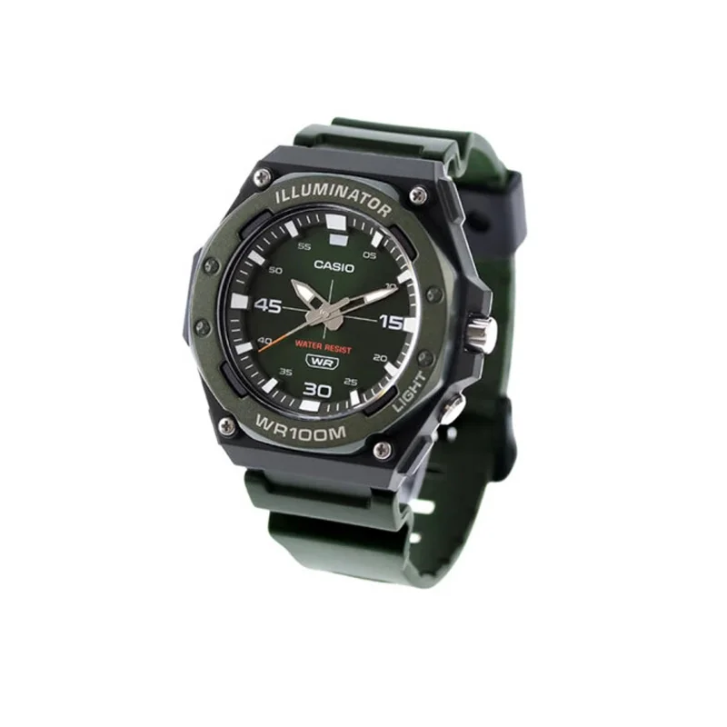 ساعة كاسيو للرجال، ساعة رياضية خارجية عصرية مقاومة للماء، ساعة كوارتز للرجال بمؤشر قرص أخضر مضيء